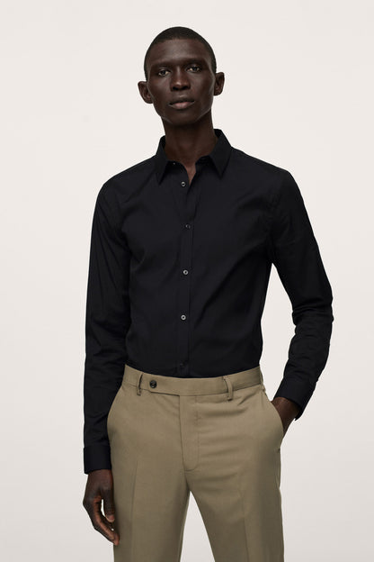 Men's black button-up shirt with button placket and long sleeves