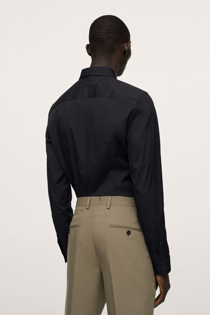 Men's black button-up shirt, back view