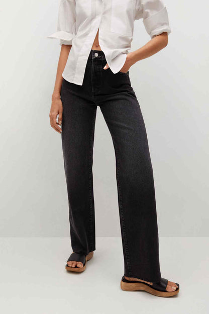 Black denim wide-leg jeans with button closure and belt loops