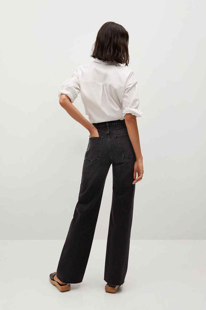 Black denim wide-leg jeans with back yoke and stitched back pockets