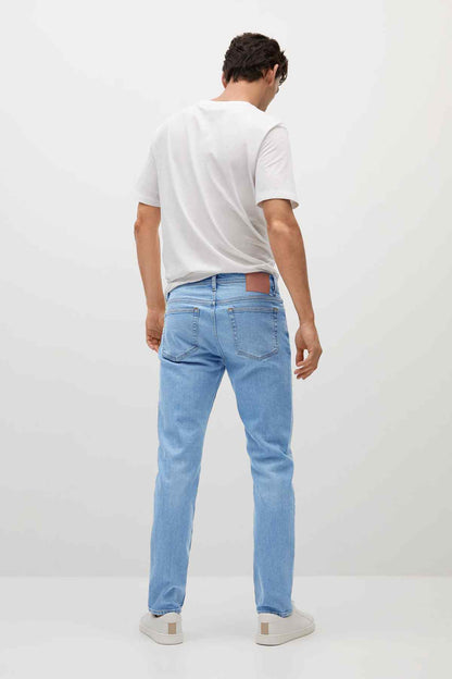 Light blue denim jeans, back view with belt loops and patch pockets