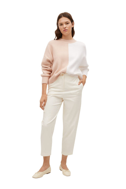Light pastel grey knit sweater with crew neck, long sleeves, relaxed fit
