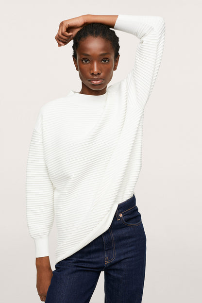 Off-white knit sweater, crew neck and long sleeves, fine horizontal stripe texture