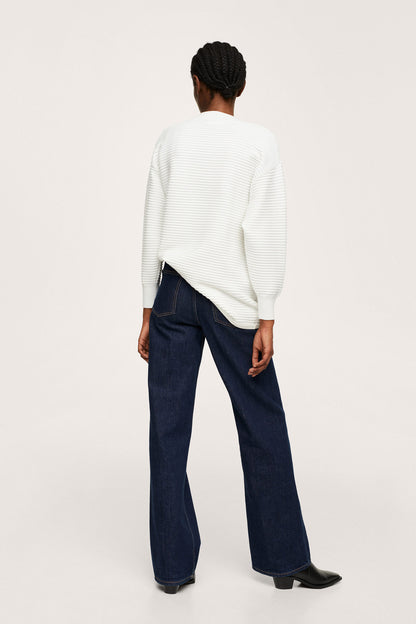 Off-white ribbed crew-neck knit sweater with fine horizontal stripes, long sleeves