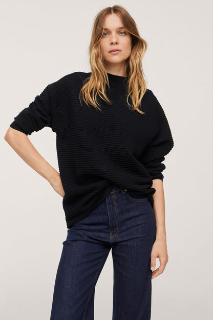 Mango black ribbed knit long-sleeve top with crew neck and front knot hem