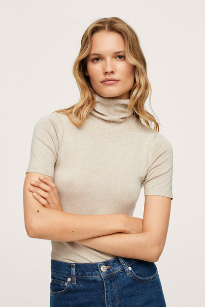 Light pastel gray short-sleeve turtleneck knit top, close-up