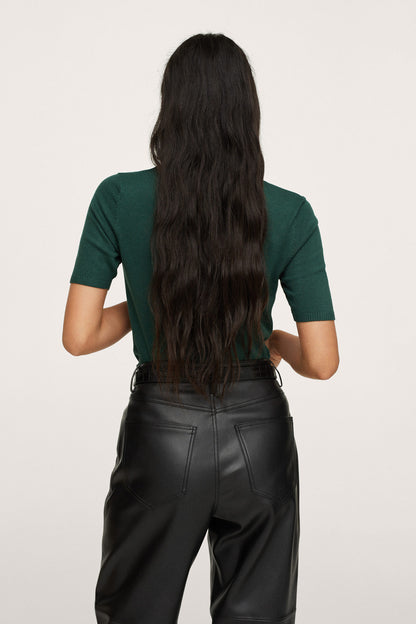 Emerald green short-sleeve turtleneck knit top, back view