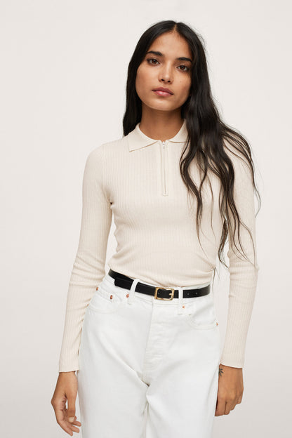 Ecru ribbed knit quarter-zip top, long sleeves, front view