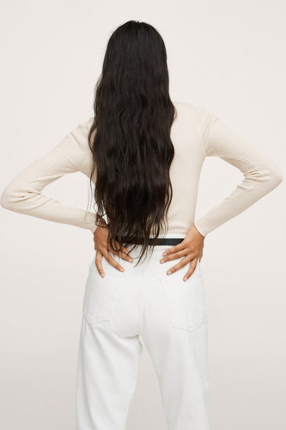 Ecru ribbed knit top, back view with quarter-zip seam detail