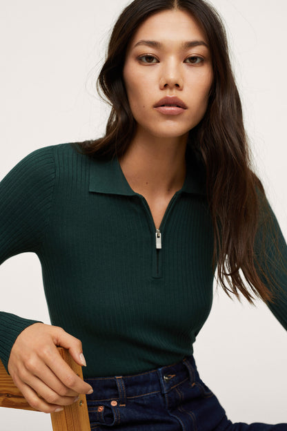 Emerald green ribbed knit quarter-zip top with short collar, long sleeves