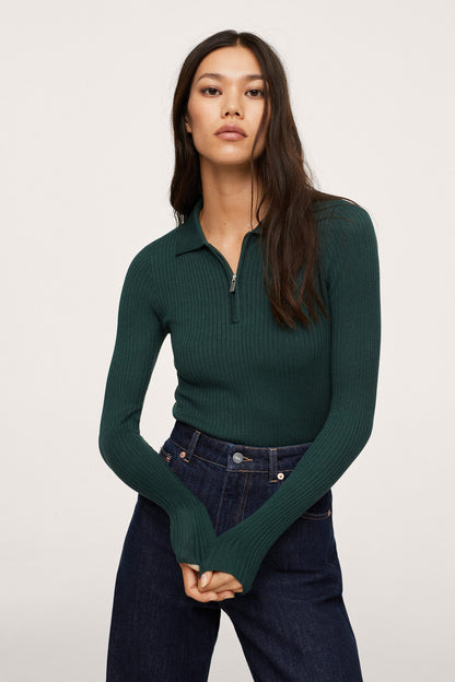 Emerald green ribbed knit quarter-zip top with half placket and collar