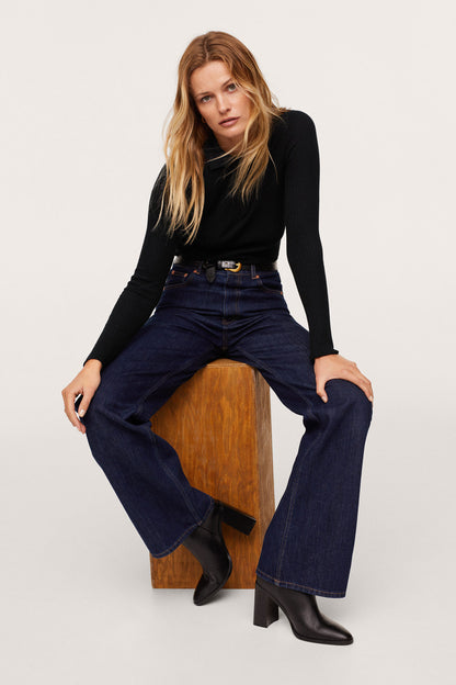 MANGO black fitted long-sleeve ribbed knit top with dark jeans
