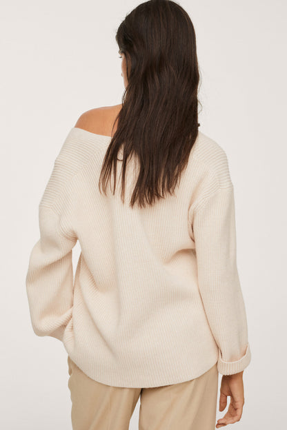 Beige knit off-shoulder sweater, open back view