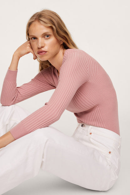 Pink ribbed long-sleeve knit top with round neckline