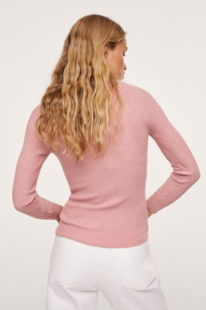 Pink ribbed long-sleeve knit top, back view with round neckline