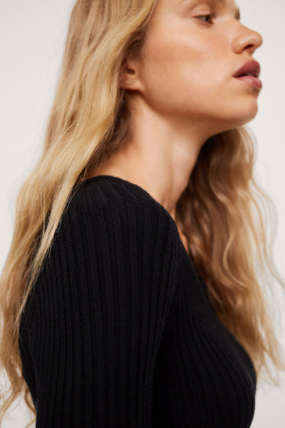 Black ribbed knit sweater shoulder and sleeve detail