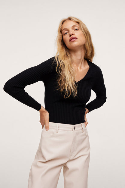 Black ribbed knit sweater with long sleeves and V-neck