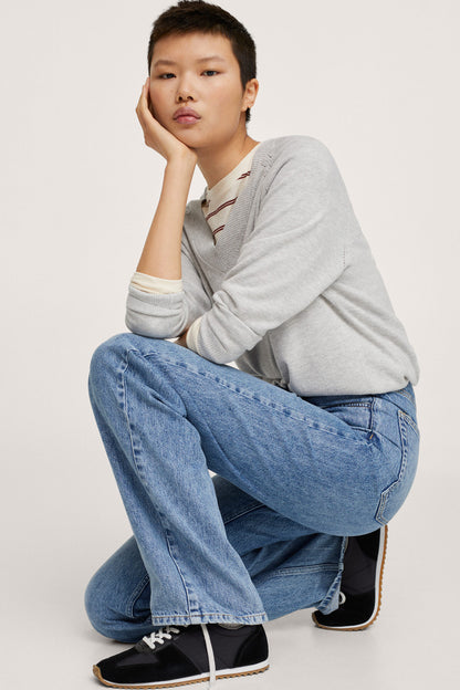 Light heather grey V-neck sweatshirt with ribbed cuffs and striped inner neckline
