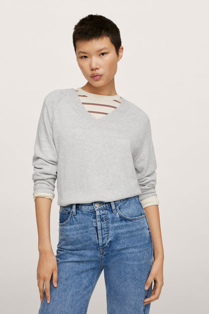 Light heather grey V-neck sweatshirt with striped neckline detail