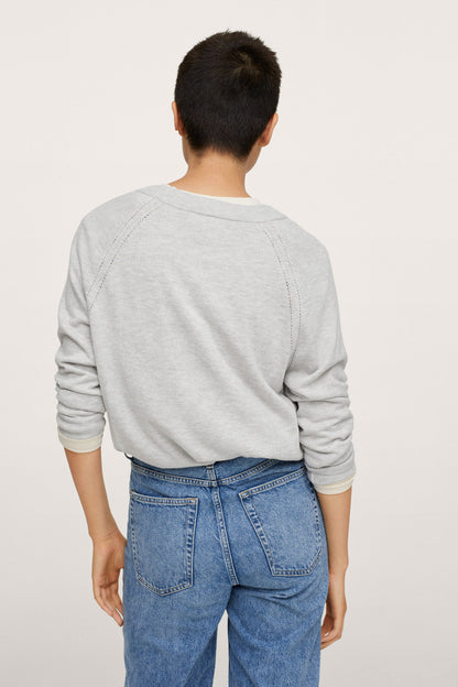 Light heather grey long-sleeve sweatshirt, back view, scoop neckline