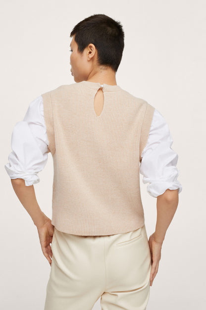 Sleeveless knit vest in light beige, crew back, ribbed hem, back view