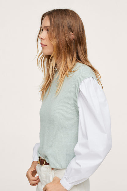 Aqua green knit sleeveless vest with crew neck, ribbed texture
