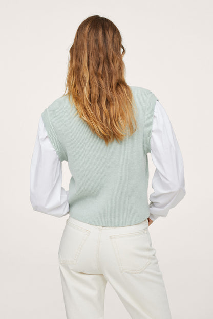Back view of aqua green ribbed knit sleeveless vest with crew neckline