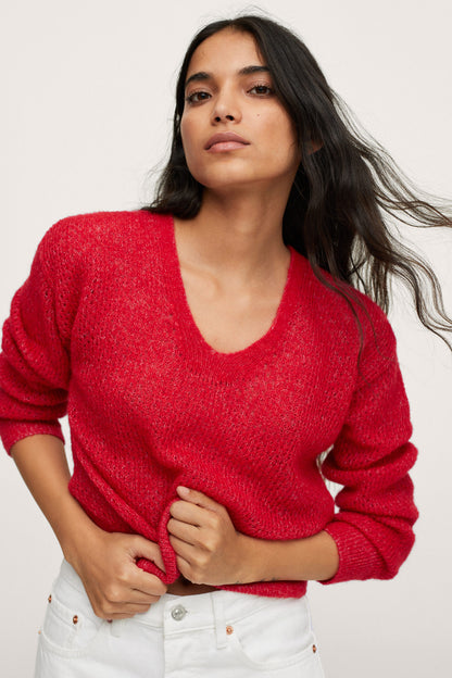 Red textured knit V-neck sweater with long sleeves, front view
