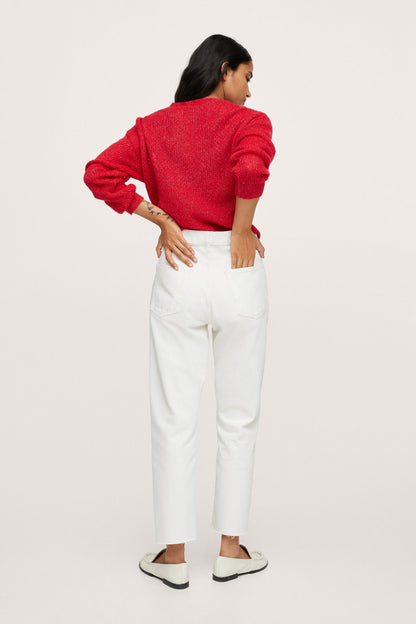 Red textured knit V-neck sweater, back view