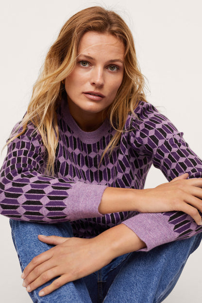 Purple geometric knit sweater with crew neck, long sleeves, ribbed cuffs