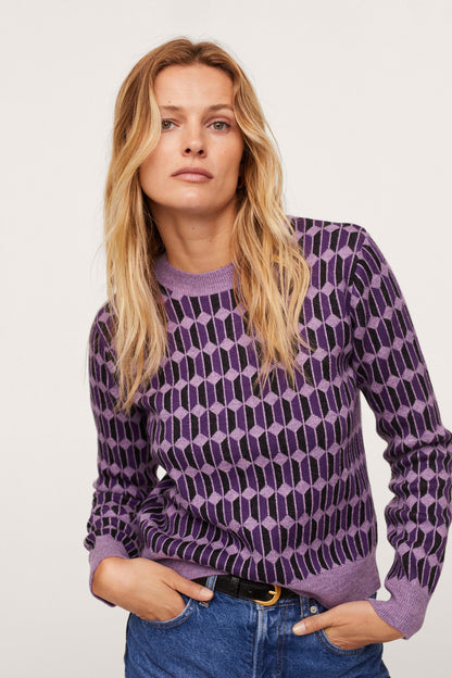 Purple geometric knit sweater with crew neck and long patterned sleeves