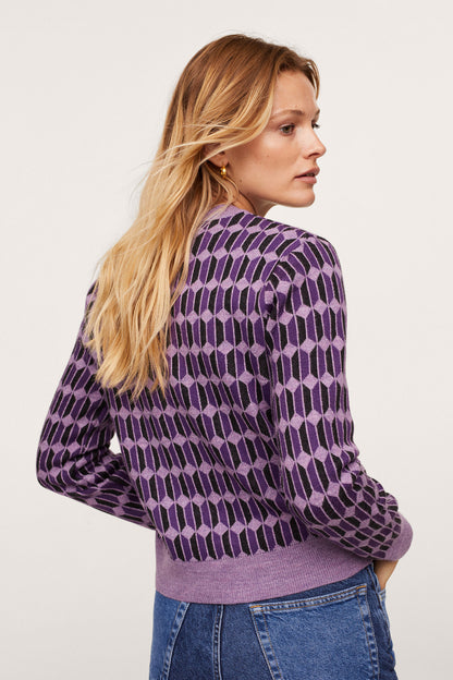 Purple geometric knit sweater with crew neck, long sleeves, ribbed hem