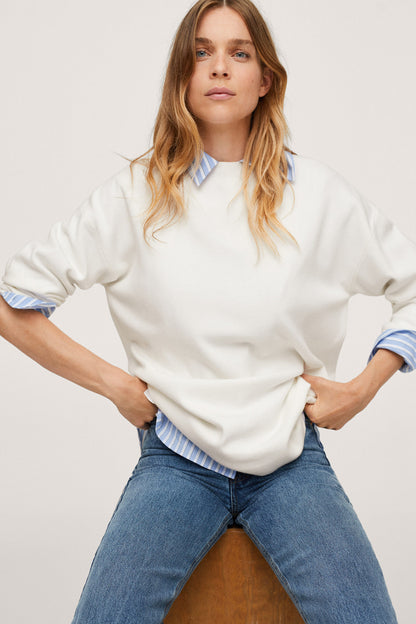 Ecru sweatshirt by MANGO with striped blue cuffs and collar, relaxed fit