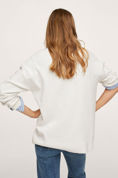 Ecru sweatshirt by MANGO, back view with striped blue cuffs