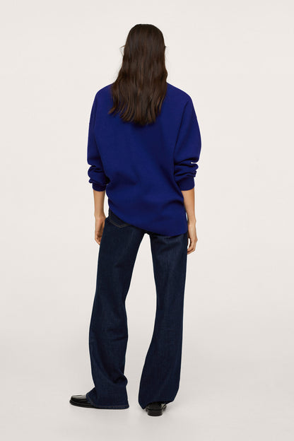 Blue crewneck sweatshirt, back view with long sleeves and gathered cuffs