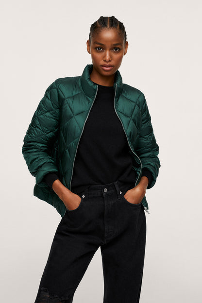 Mango dark green quilted puffer jacket with front zip and stand collar