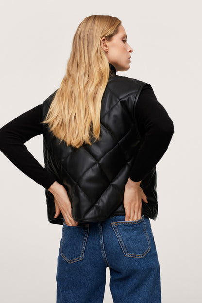 Black quilted zip-front jacket with stand collar, back view
