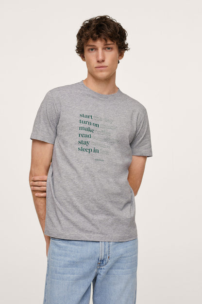 Men's medium heather grey graphic T-shirt with green and blue text on front