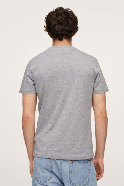 Men's medium heather grey graphic T-shirt, back view, short sleeves