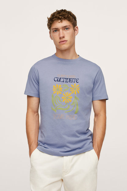 Men's blue crewneck T-shirt with front 'Cultivate' graphic and yellow flowers