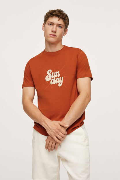Men's burnt orange T-shirt with 'Sun day' graphic front