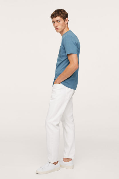 Men's sky-blue crewneck T-shirt with short sleeves, side view