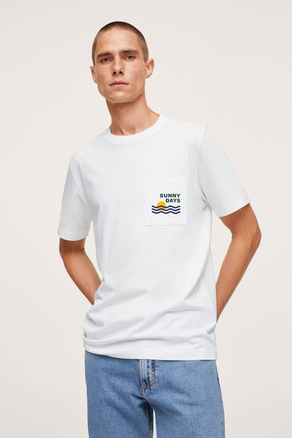 White men’s T-shirt with chest pocket and Sunny Days logo