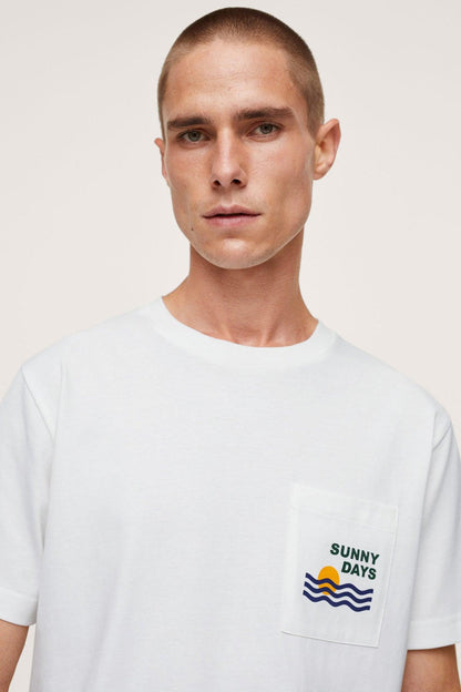 White men’s T-shirt close-up: chest pocket with Sunny Days logo