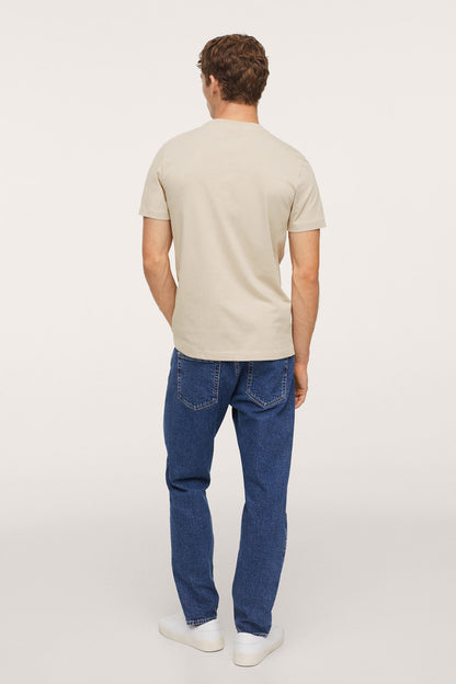 Beige crew-neck T-shirt, back view with short sleeves