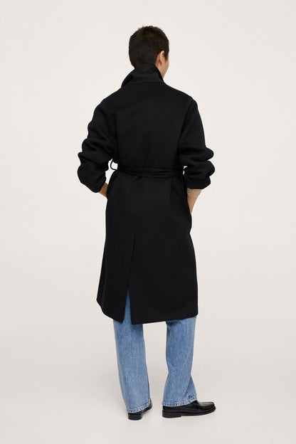 Black long belted coat, back view with tie belt and relaxed fit