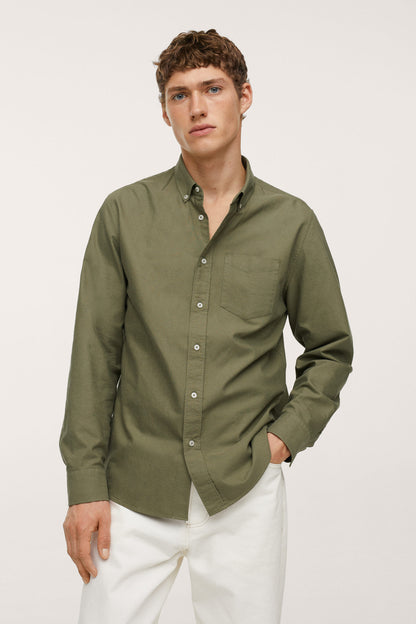 Men's khaki button-up shirt with long sleeves and button front