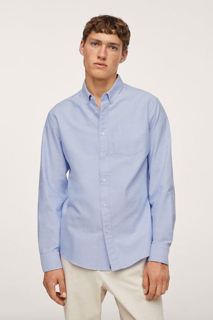Sky blue button-up shirt with pocket, long sleeves and buttoned collar
