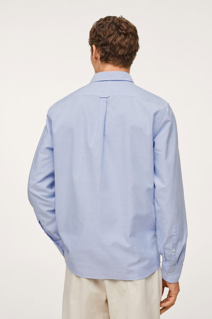 Sky blue button-up shirt back view, long sleeves, buttoned collar