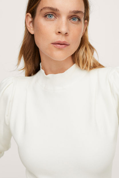 Ecru mock-neck long-sleeve top, smooth knit with high collar